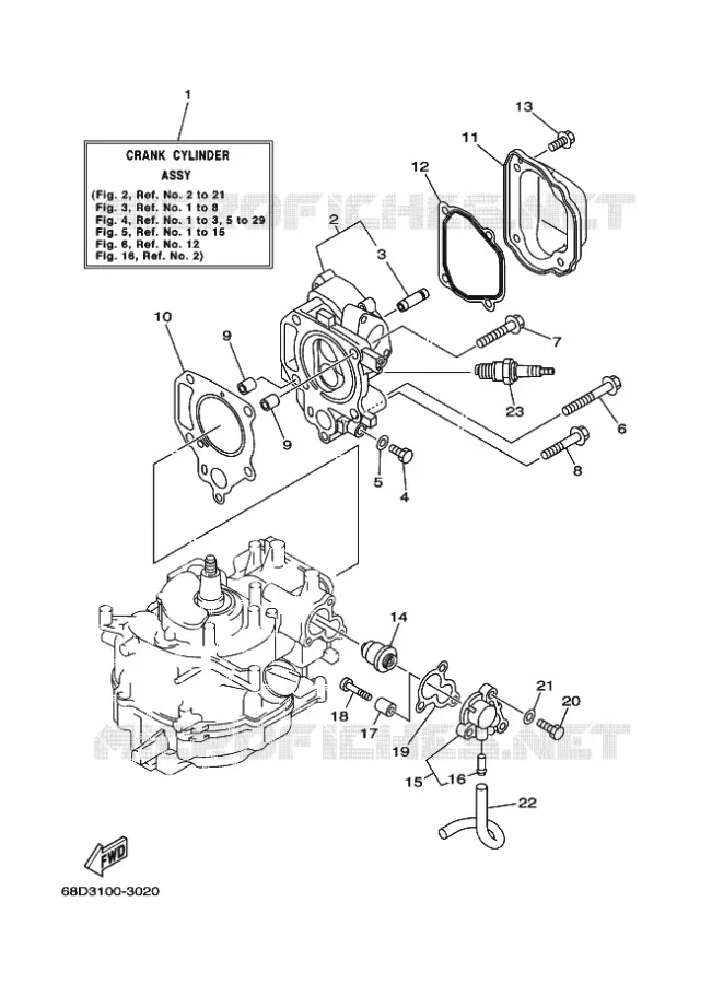 CILINDER / CARTERDELEN 1 Yamaha OUTBOARD ENGINES 4hp (2.9kW) 2003 F4  F4AMHS